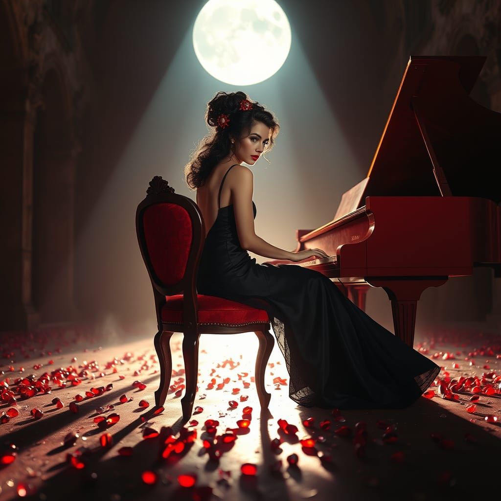 Elegant Female Musician in Crimson Regalia