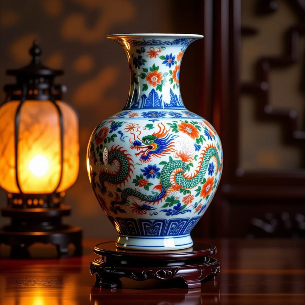 Ornate Chinese Porcelain Vase with Dragon & Phoenix Motifs