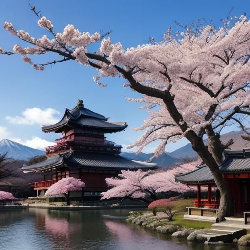Sakura Tree by Lake with Japanese Temples
