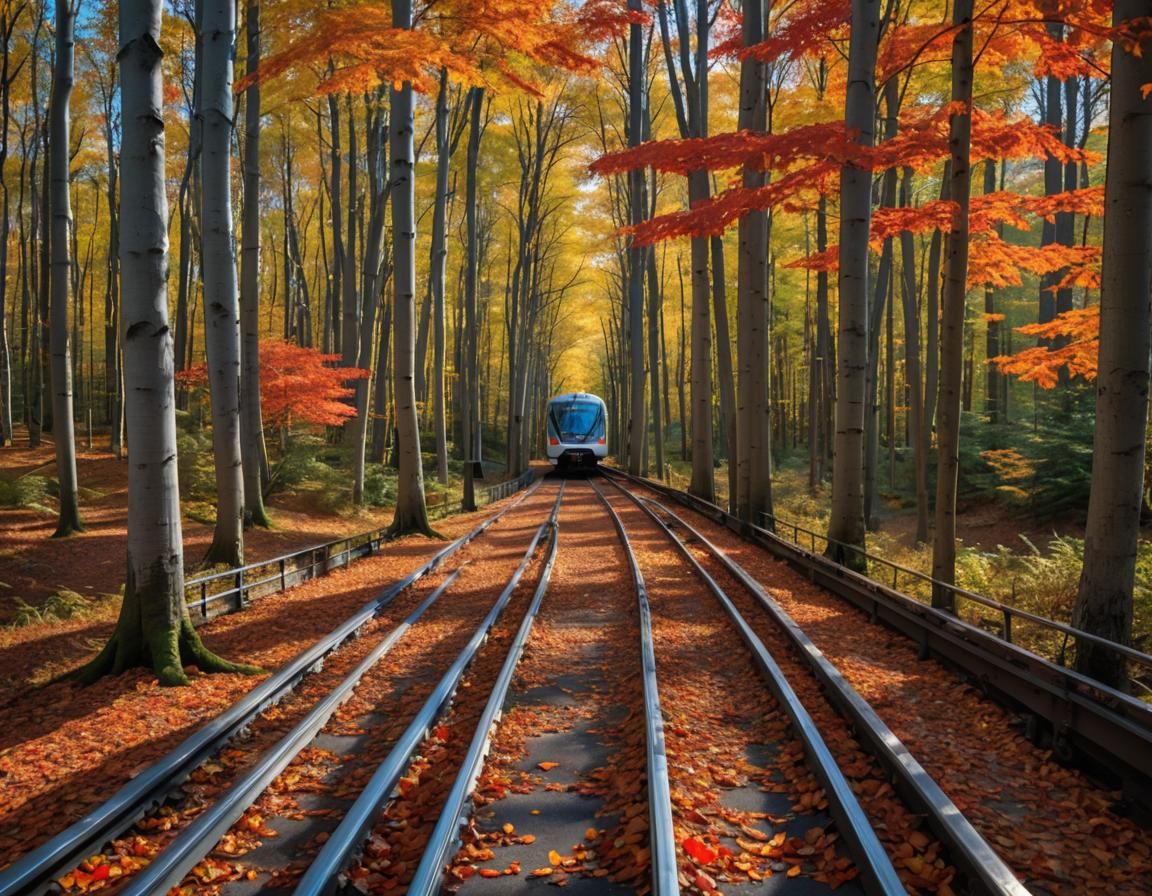 Monorail Journey Through Autumnal Forest in Hyperrealism
