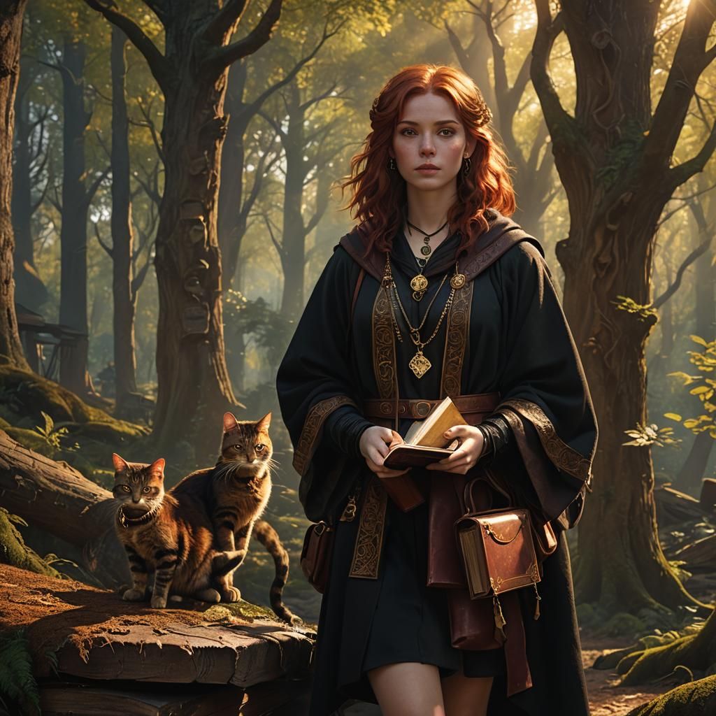 Girl with Books in Sun-Dappled Forest