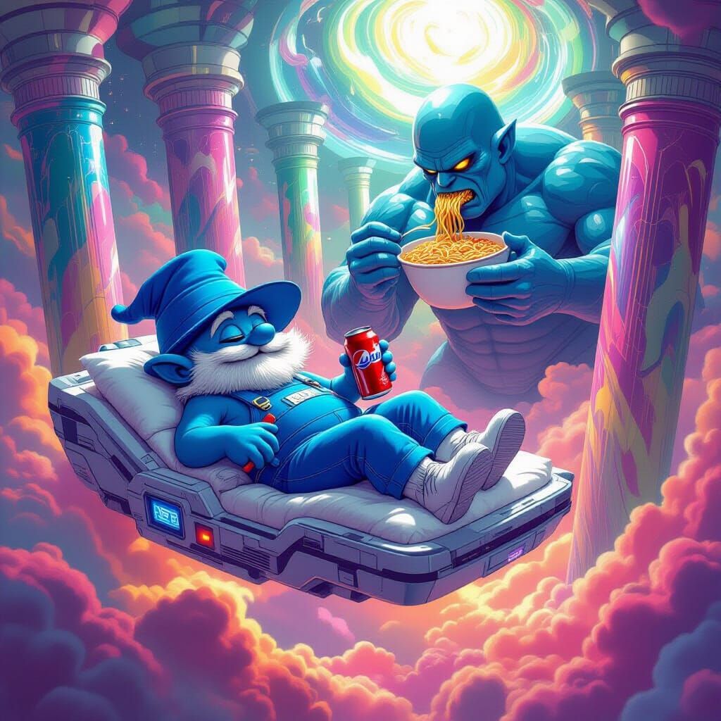 Obese Smurf Soaring Through Space with Pepsi