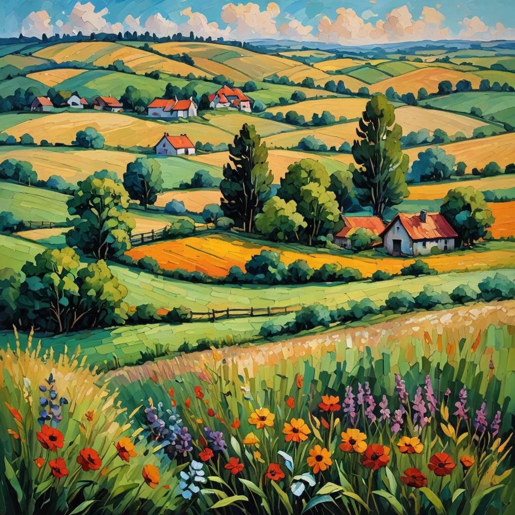 Farmhouse Summer Field in Expressionist Style