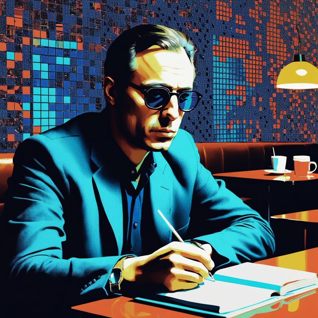 The Russian Writer Victor Pelevin writing a book in a Night cafe