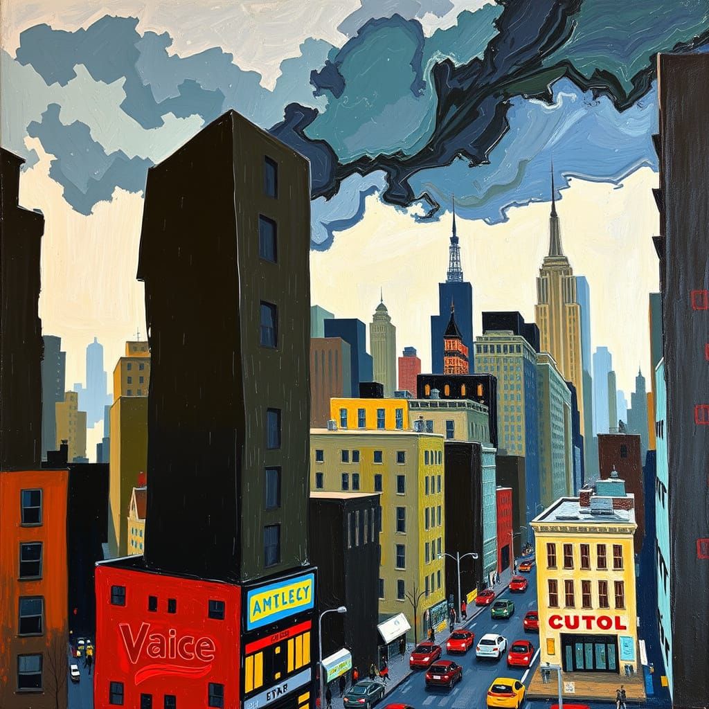 Bustling Cityscape Impasto Oil Painting