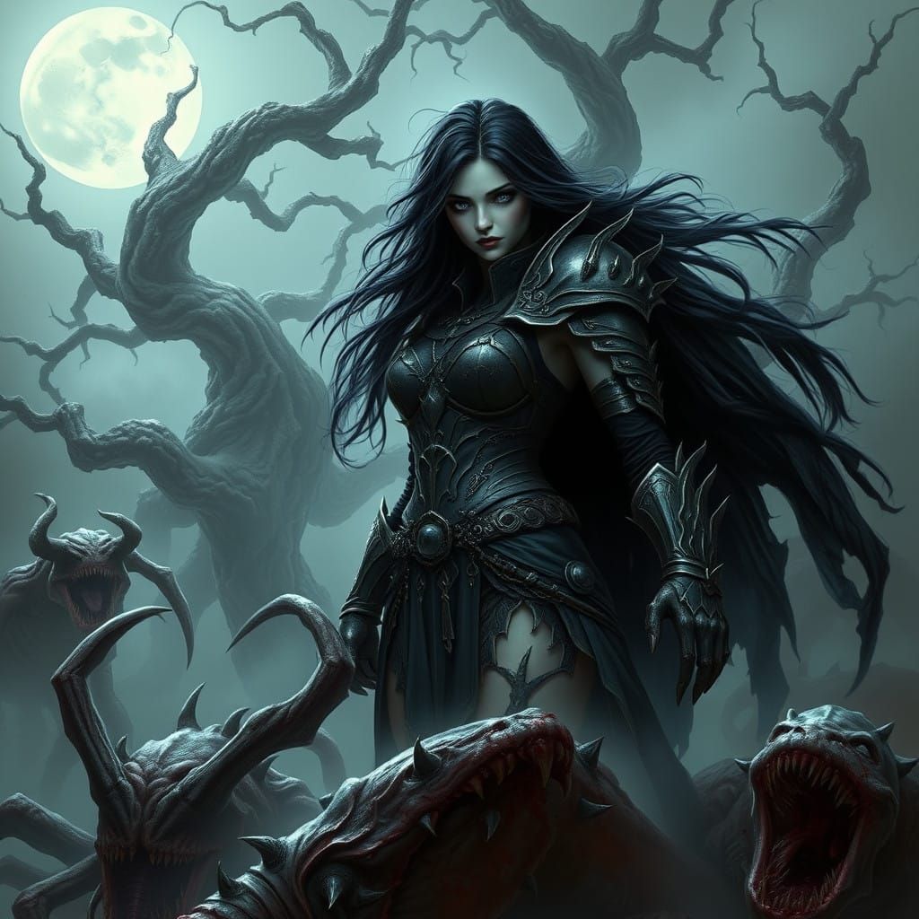 Gothic Warrior Maiden Conquers Dark Fantasy Landscape
