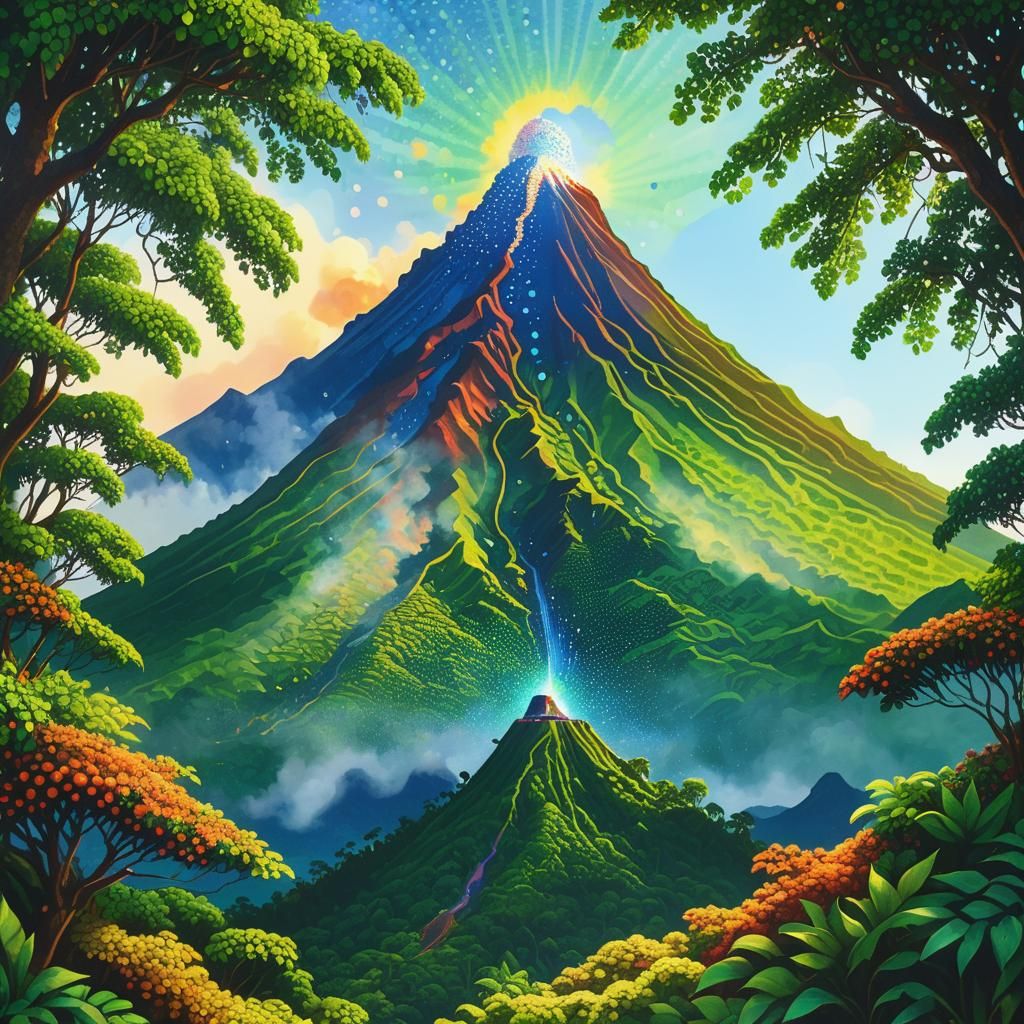 Mount Mayon in Pointillism with Lush Foliage