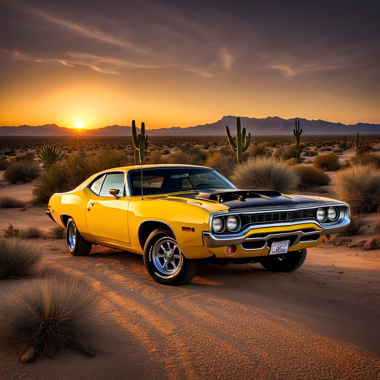1971 Plymouth Roadrunner at Sunset in California Desert