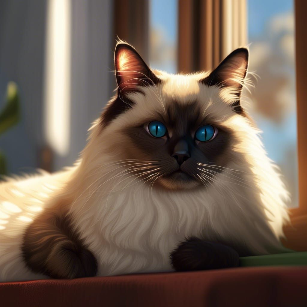 Ragdoll Cat Sunning: Detailed Digital Painting