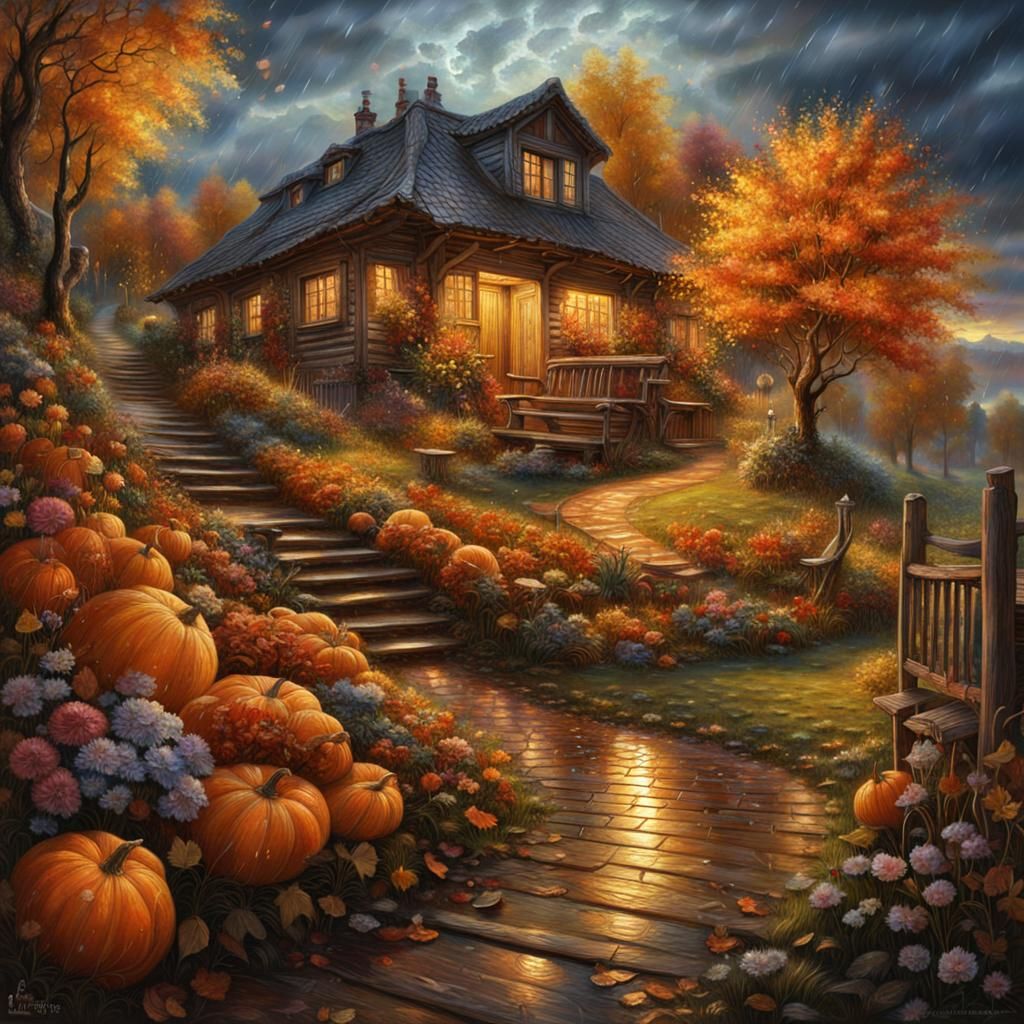 Hyperrealistic Autumn Village Scene with Blooming Flowers