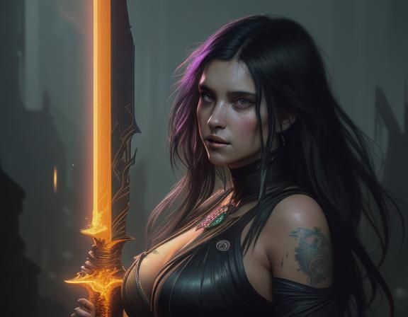 Dark Fantasy Woman Emerges from Swamp with Burning Sword