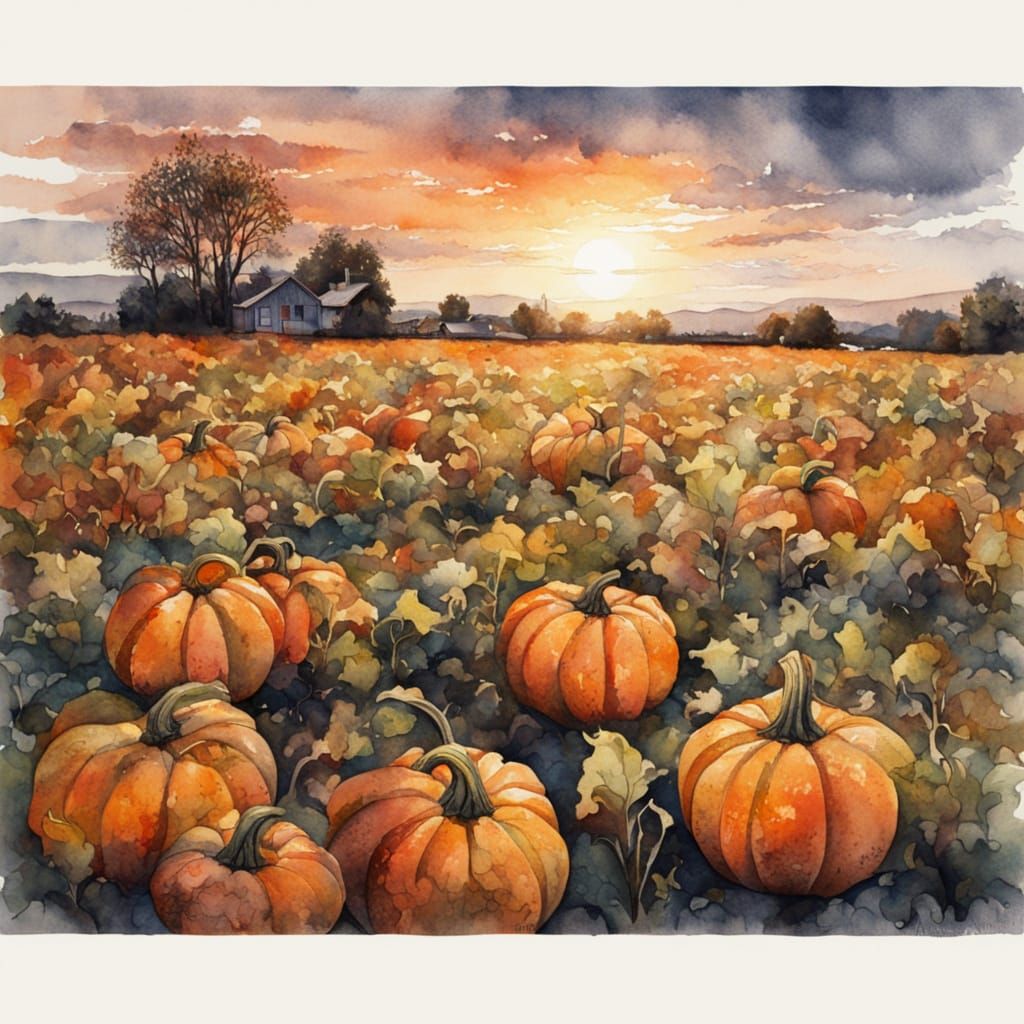 Textured Watercolour Pumpkin Field at Sunset