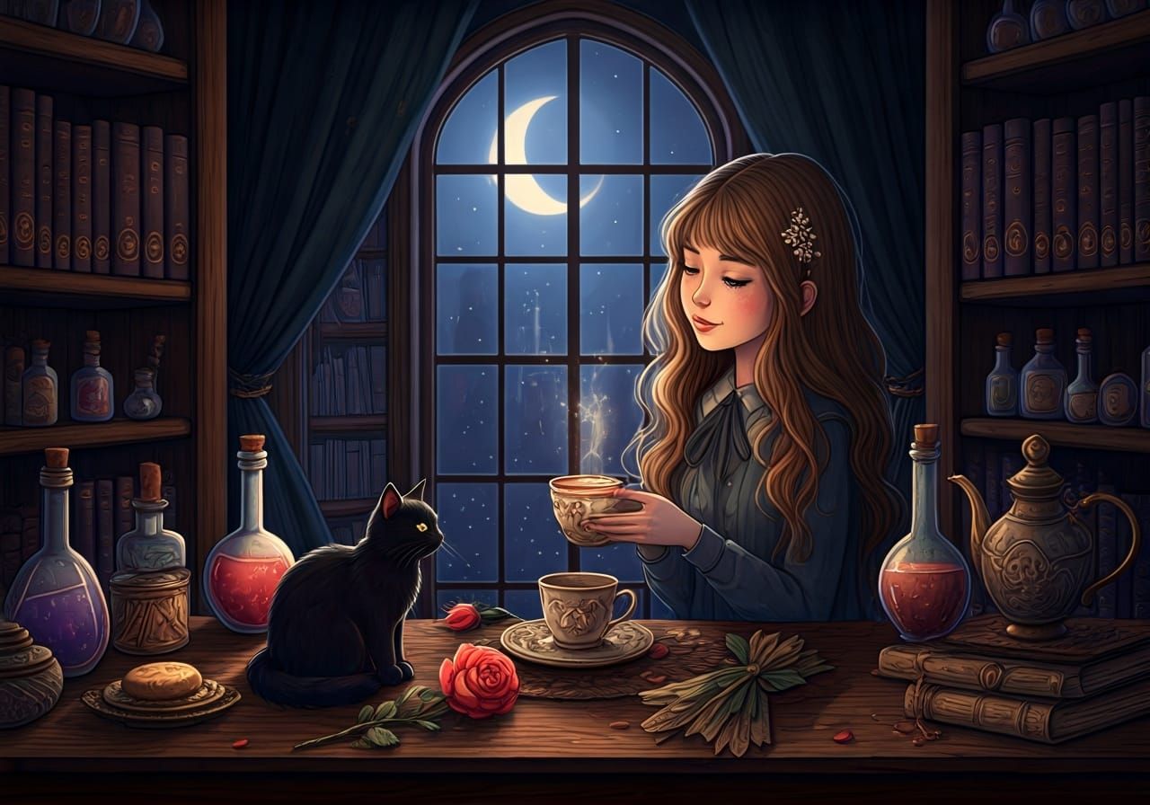 Dreamy Girl and Cat in Moonlit Apothecary