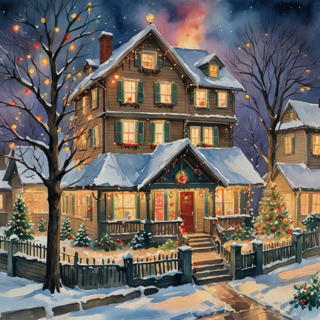Christmas Lights in Gouache Style Impressionist Painting