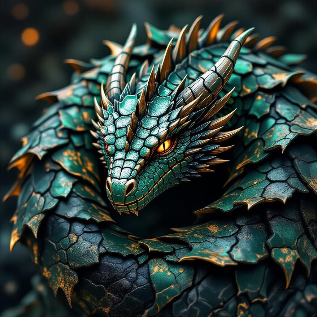 Hyperrealistic Dragon Scales in Emerald, Gold, and Black