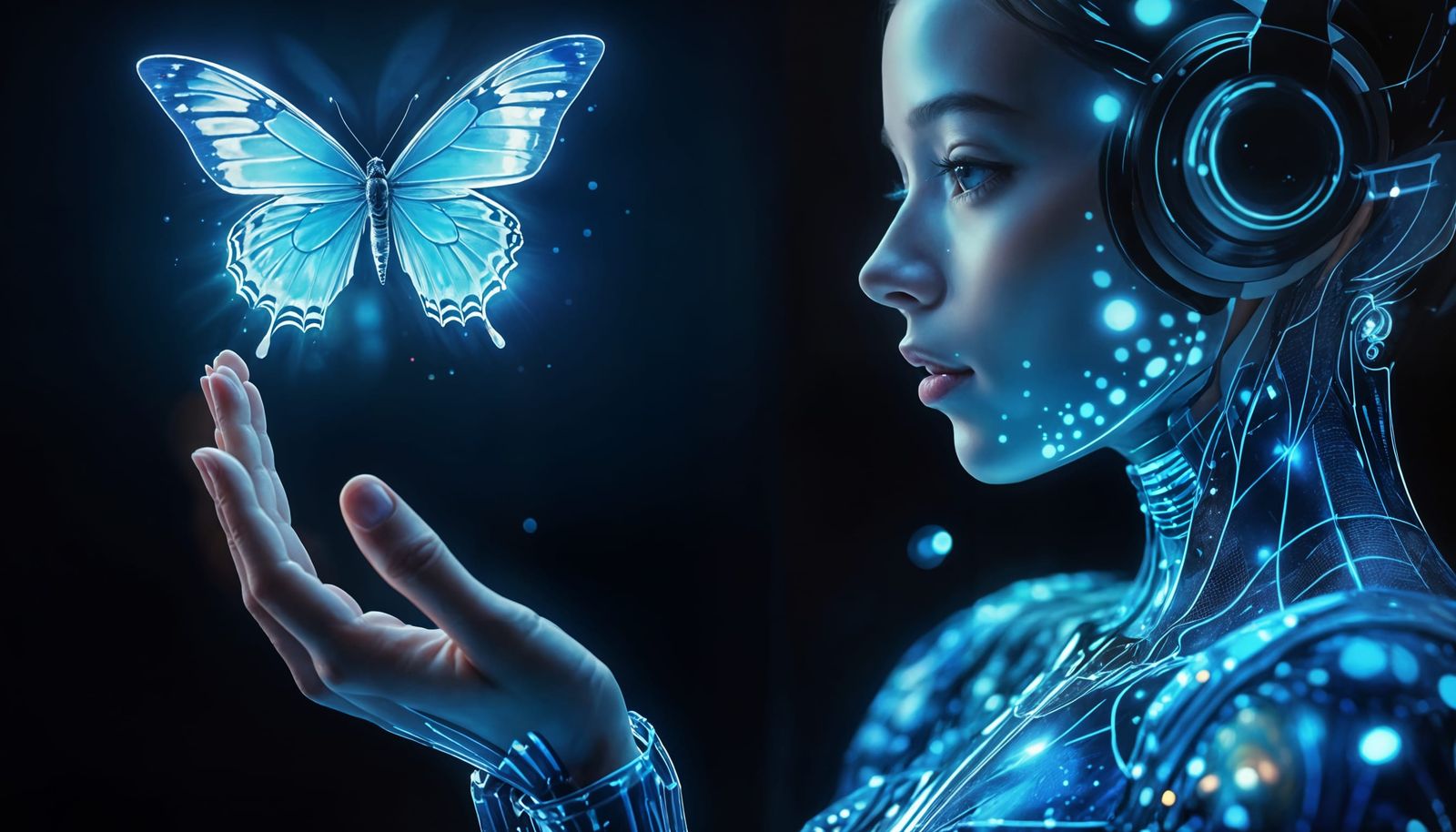 Android with Butterfly Hologram in Starry Space