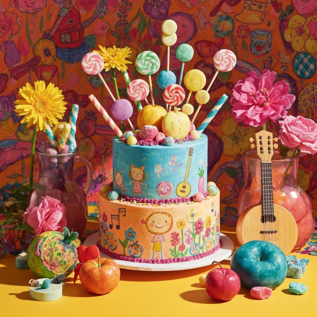 Whimsical Cake Surrounded by Colorful Objects