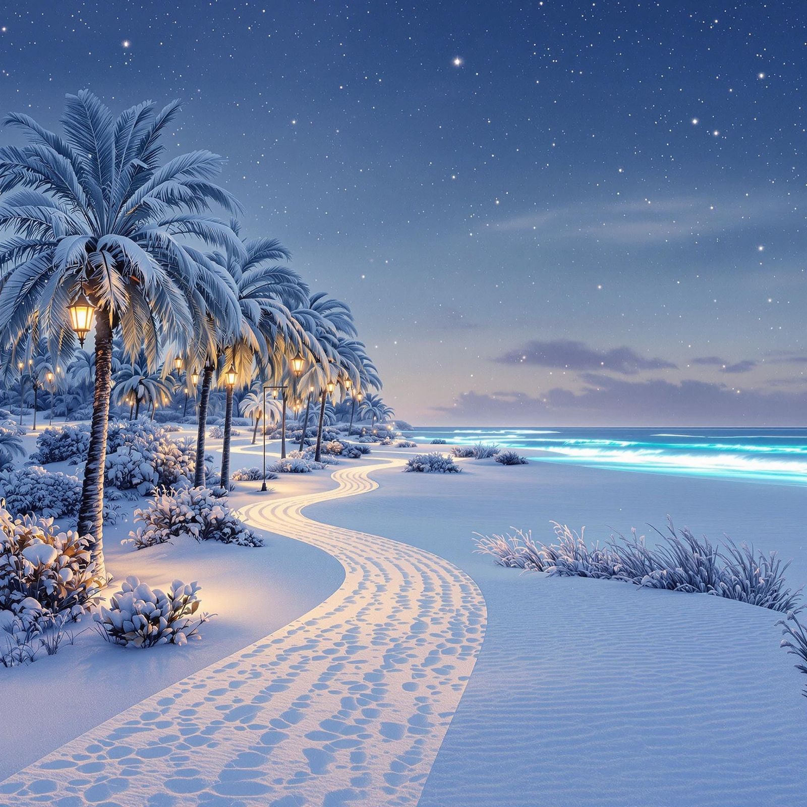 Snowy Palm Trees and Bioluminescent Ocean in Winter