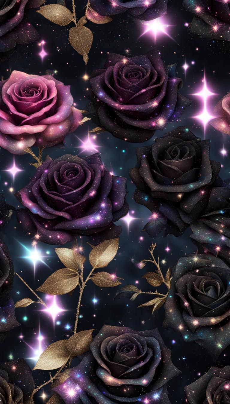 Black Roses with Glitter in Holographic Cosmic Style
