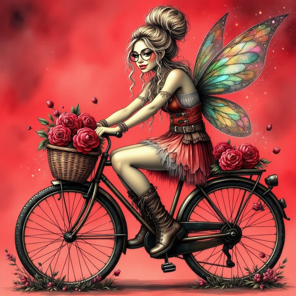 Whimsical Rose Glitter Fairy Pedaling Vintage Bicycle