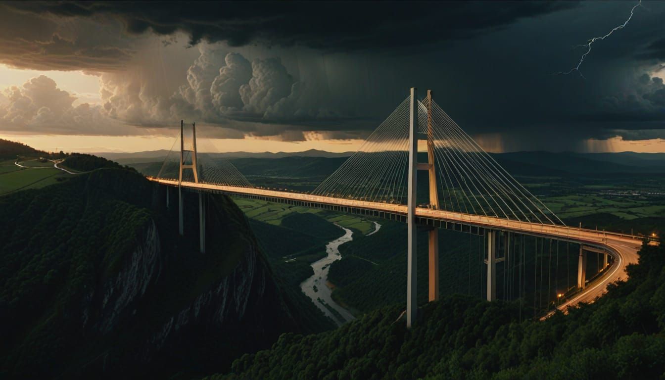 Majestic Cable-Stayed Bridge Amidst a Stormy Landscape