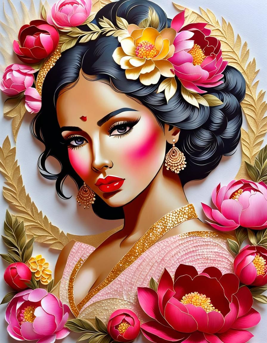 Salt Painting Portrait of Indian Woman with Flowers
