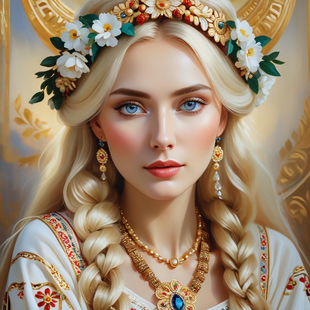 Russian Beauty in Slavic Dress: Klimt-Inspired Oil Painting