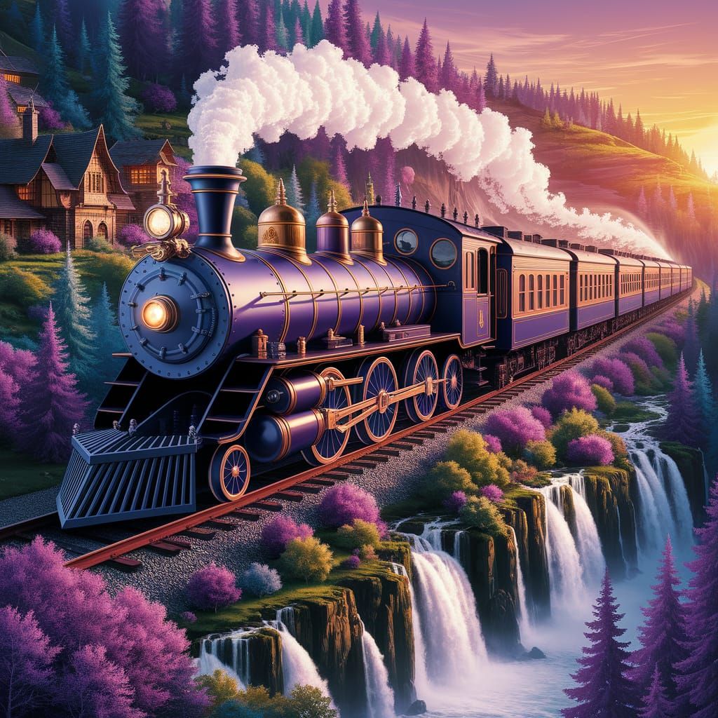 Fantastical Stream Engine Train Unfolds Over Lush Elven Vill...