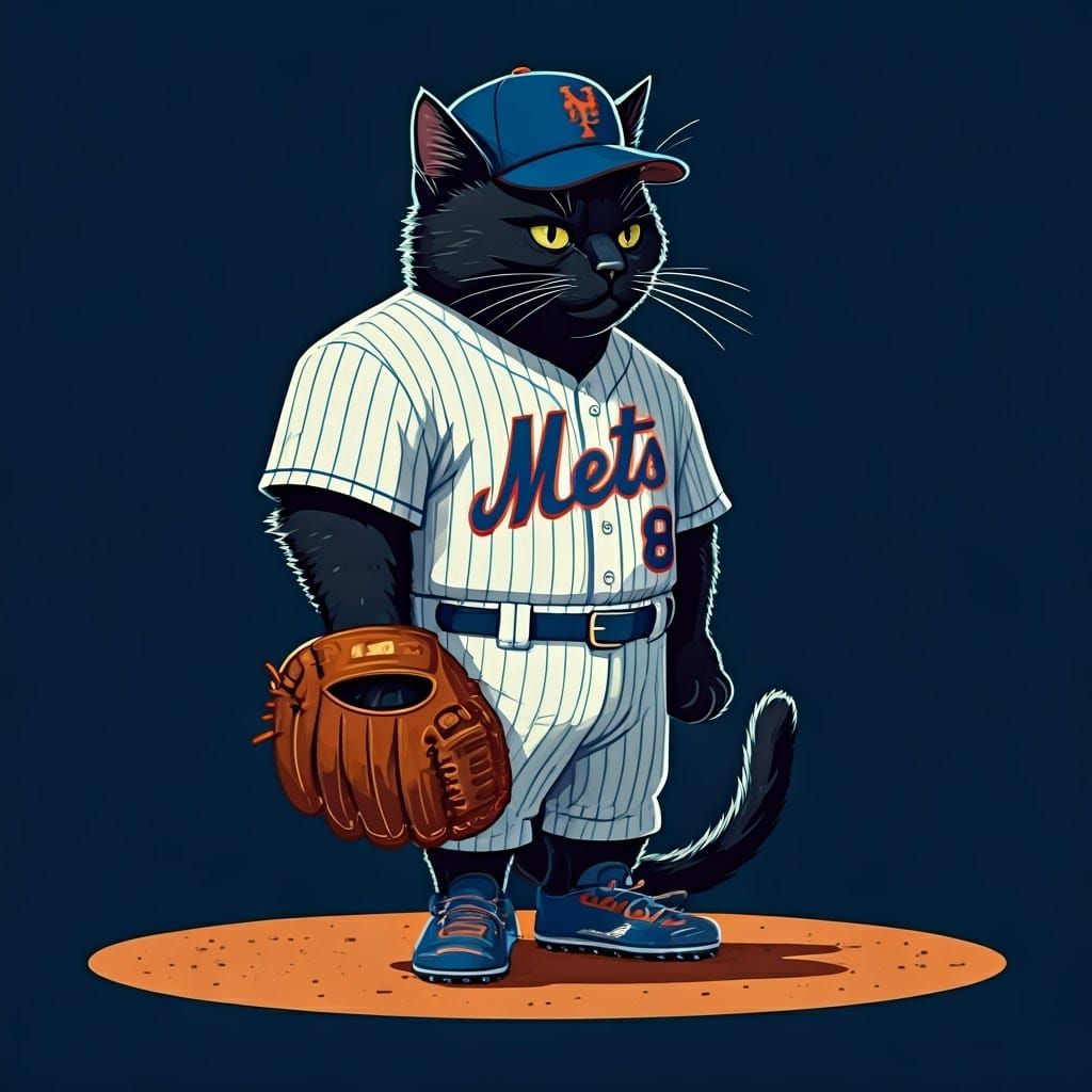 Black Cat in Mets Uniform on Baseball Field