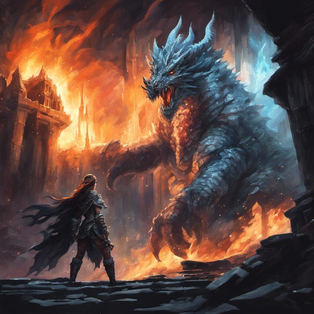 Barbarian Woman Faces Ice Dragon in D&D Style