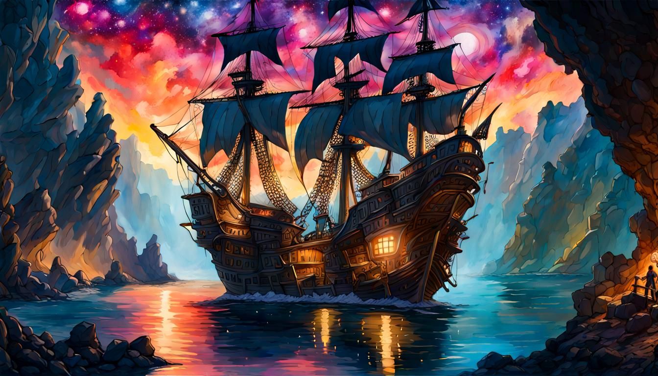 Pirates' Starry Night: A Gouache-Style Impressionist Fantasy