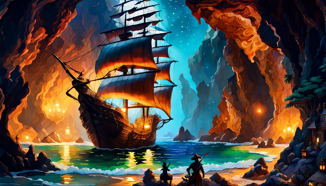 Pirates' Starry Night in Gouache Impressionist Style