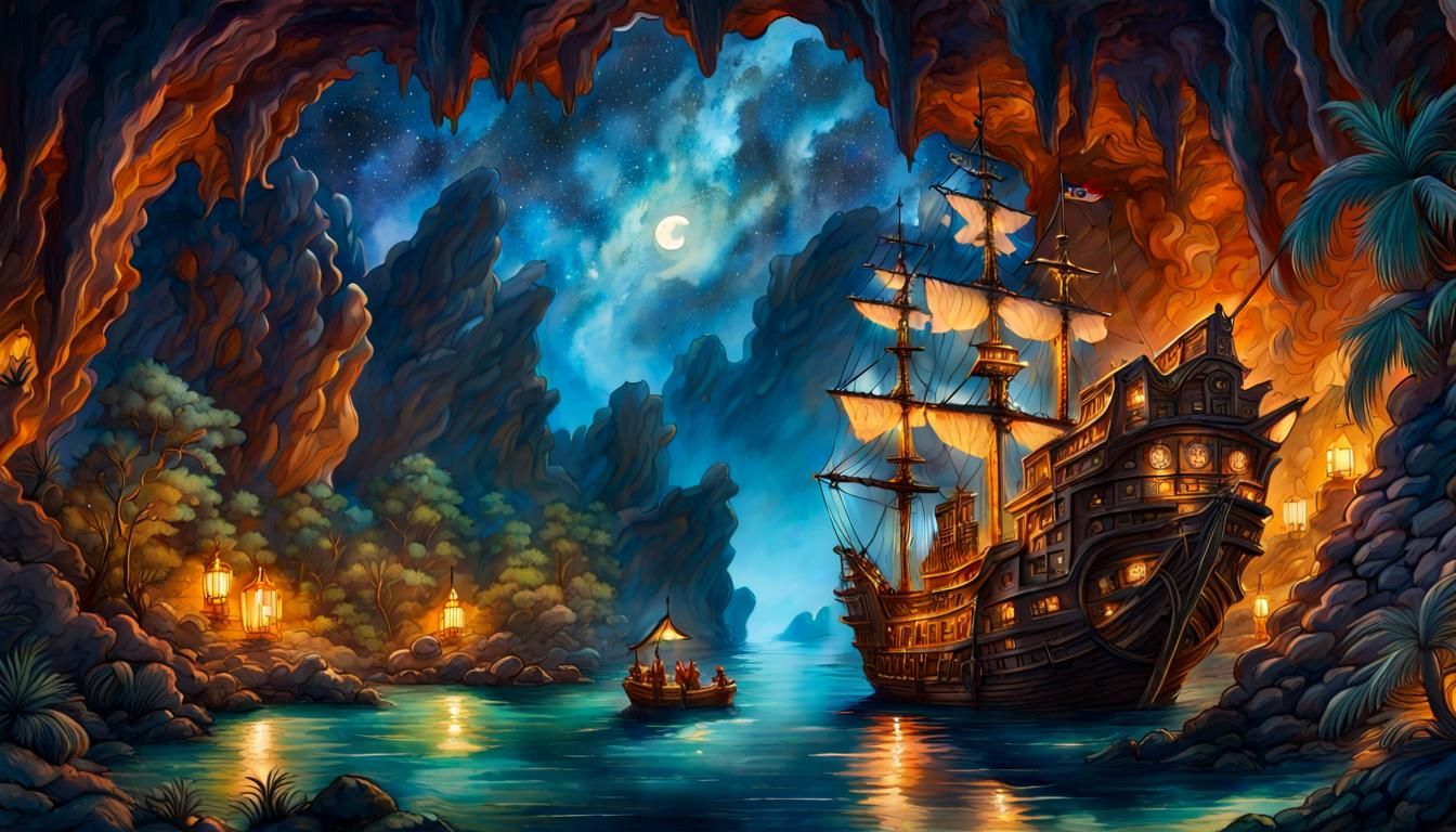 Pirates' Starry Night: Impressionist Cave Scene
