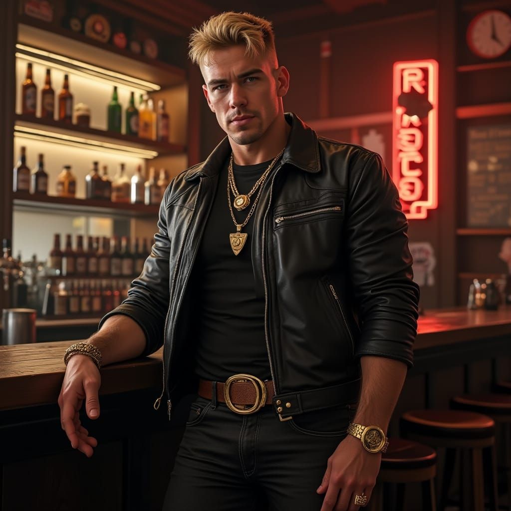 Hyper Realistic Photo of Athletic Blond Man in Leather Jacke...