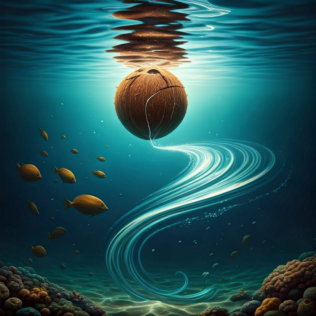 Brown Coconut Floats in Ocean Depths