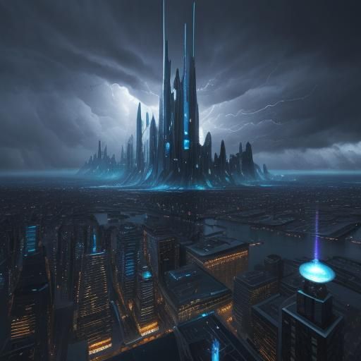 Stormy Weather in a Futuristic Cityscape, Pixar Style