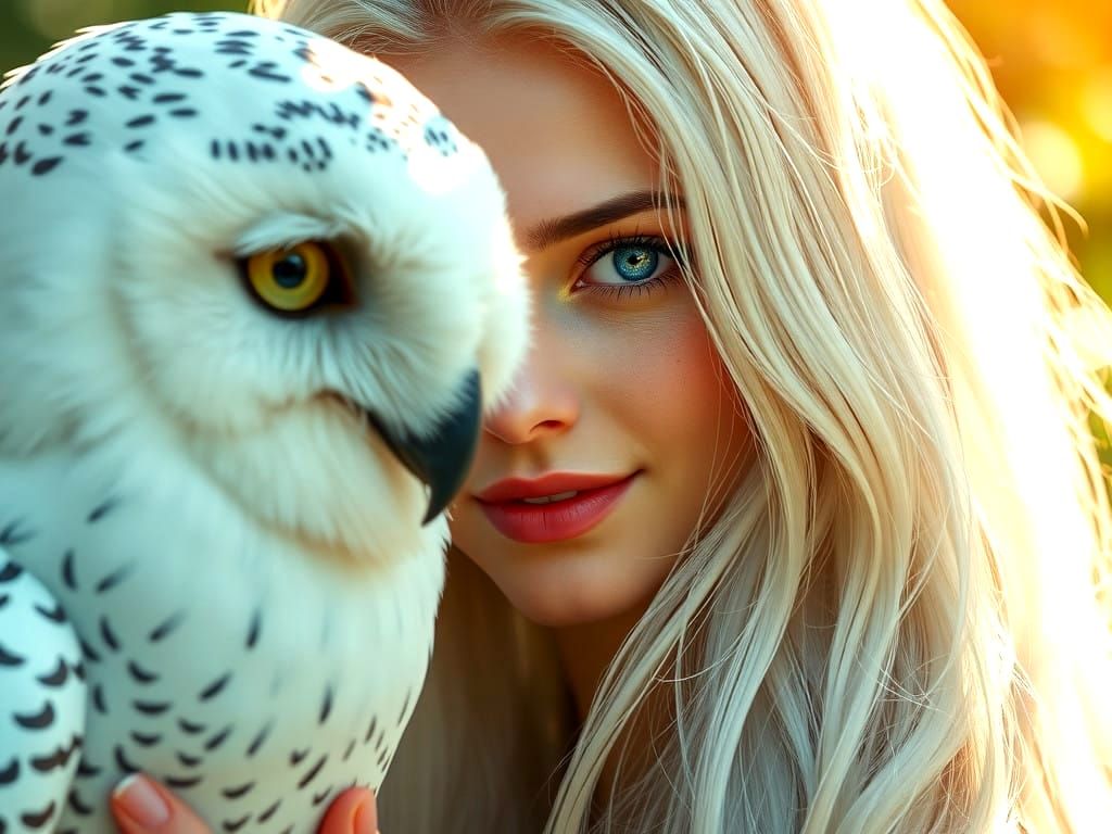 Stunning Portrait of a Young Woman and Snow Owl in Dappled L...