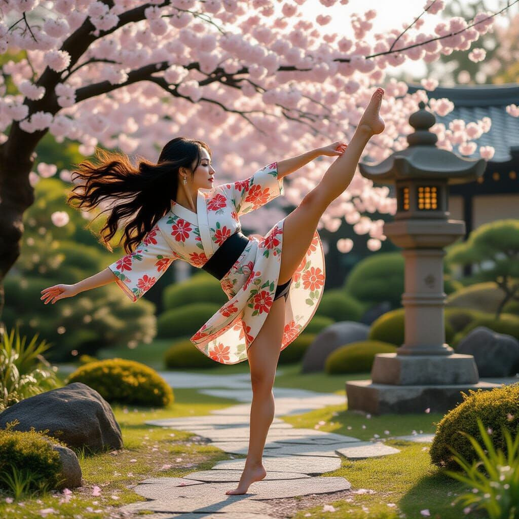 Woman High Kicking in Sakura Garden at Golden Hour