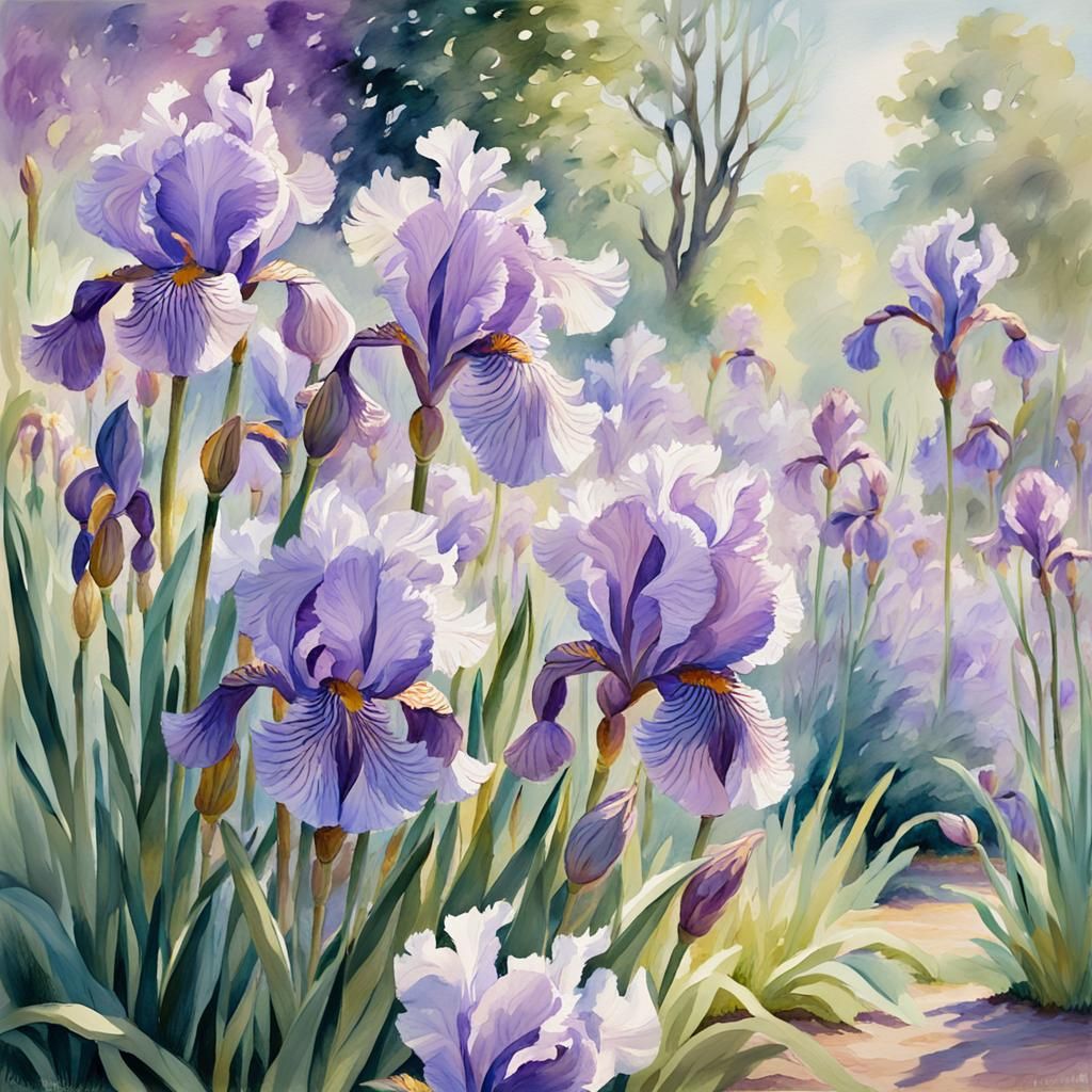 Lilac Irises in Impressionistic Garden, Watercolor Style