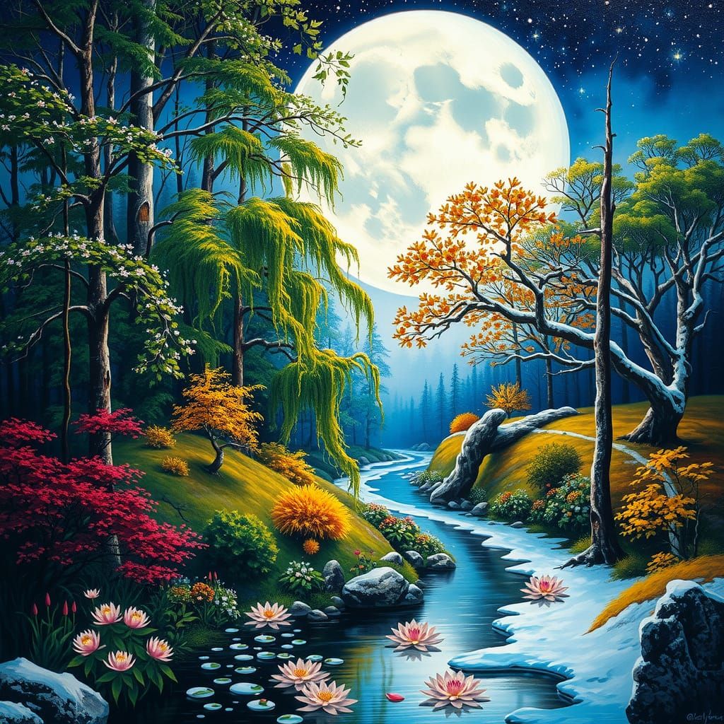 Mystical Four Seasons Forest in Impasto Style