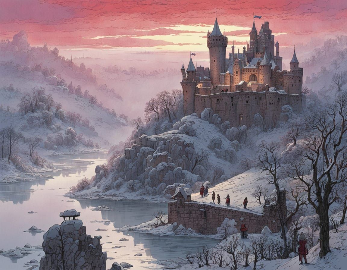Castle Ruin Emerges from Morning Mist in Vibrant Red-Violet...