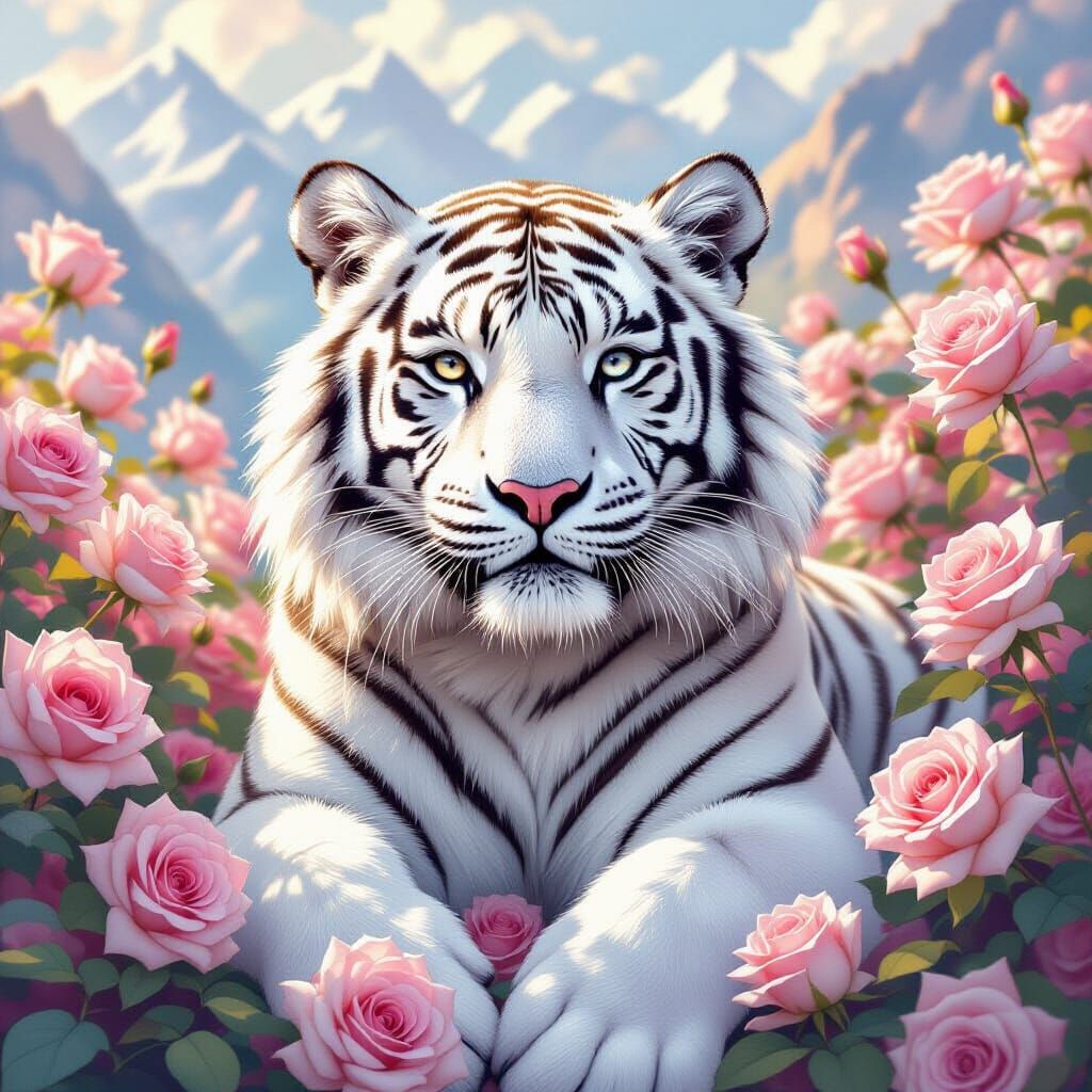 Majestic White Tiger in a Rose Mountain