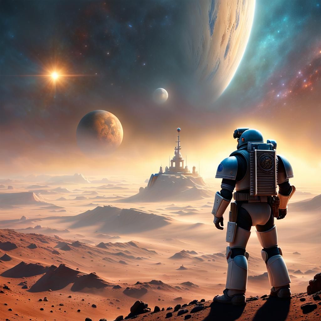 Space Marine on Mars in Kinkade Style
