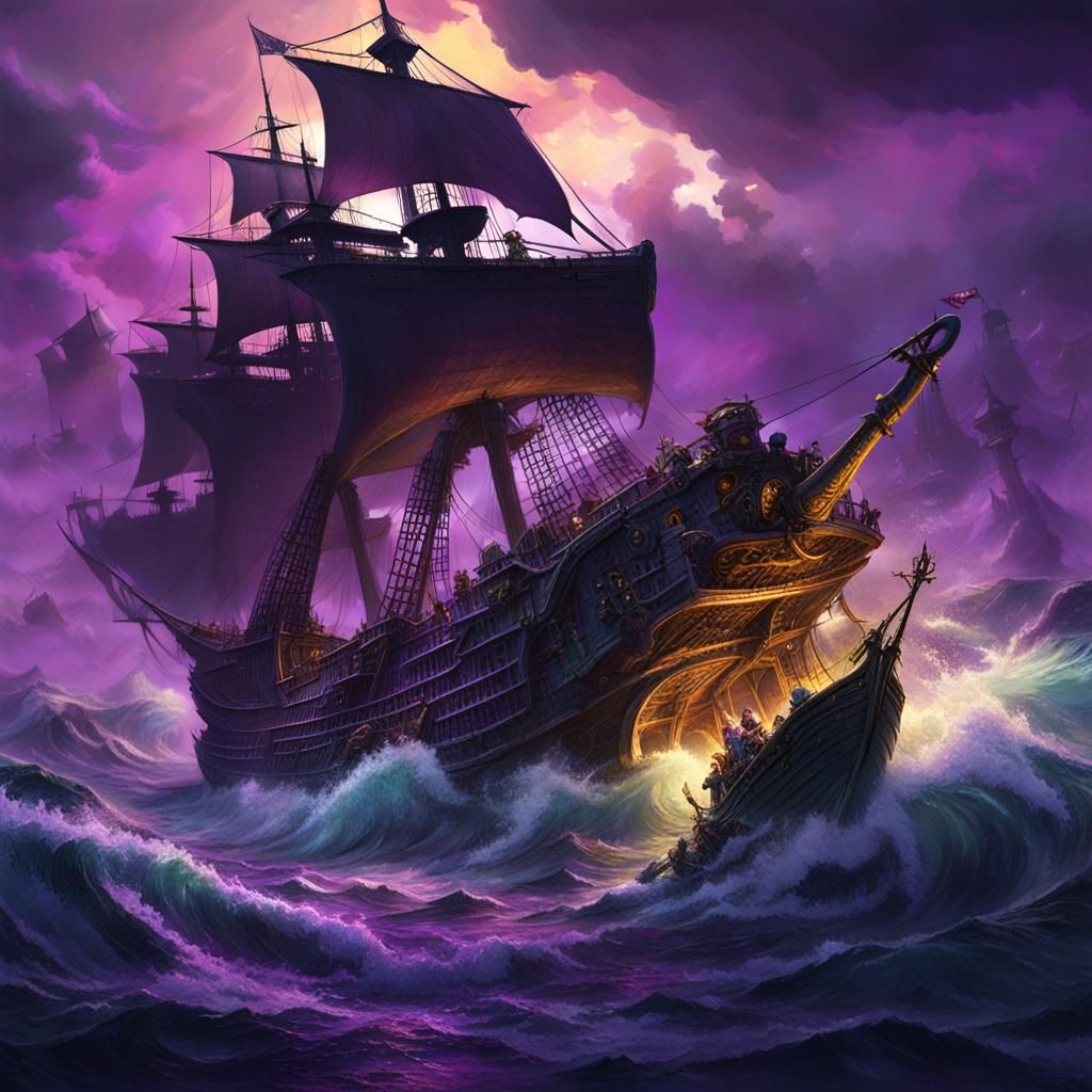 Sea Monster Attack on Pirate Ship: Dark Fantasy Art