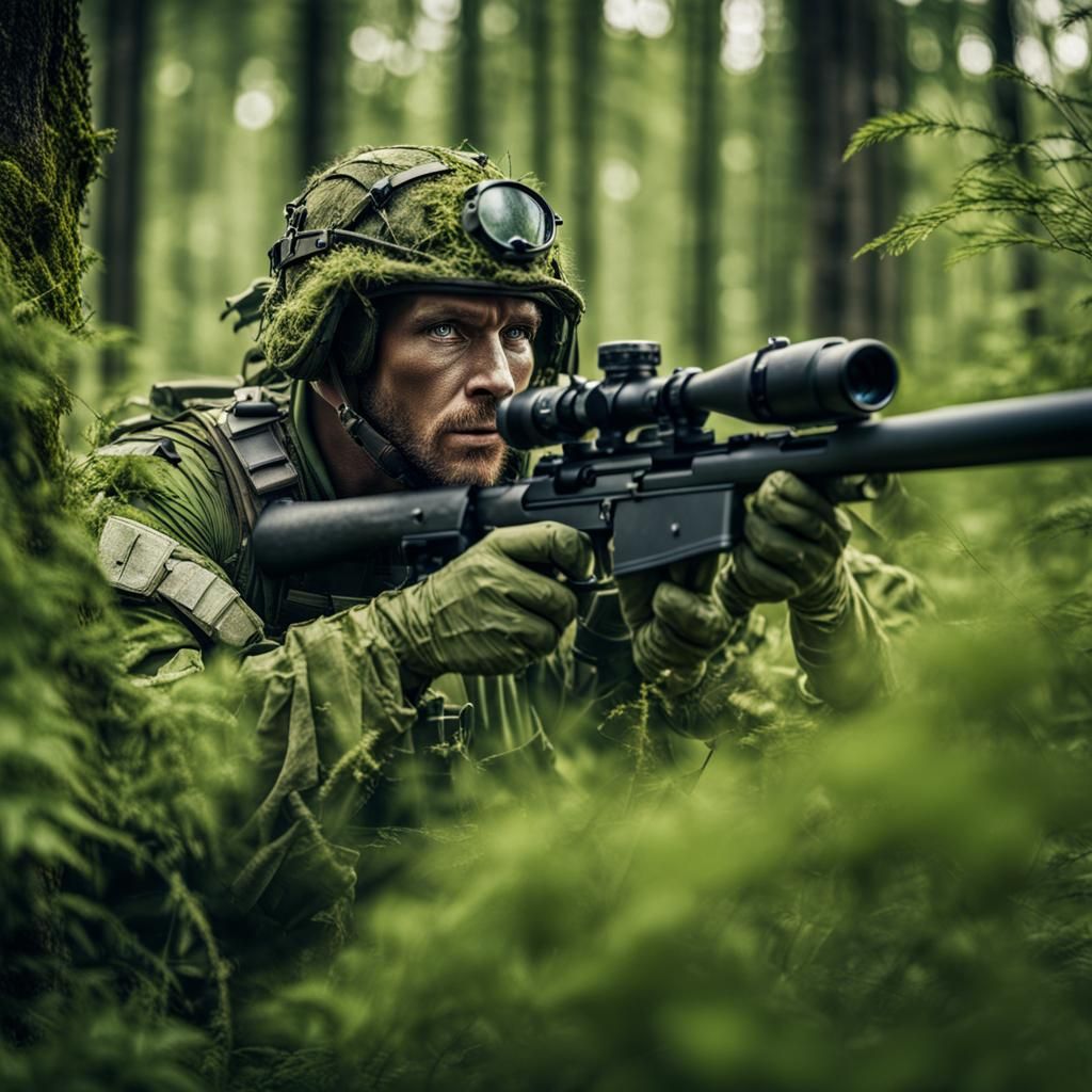 Army Sniper in Ghillie Suit, Forest Camouflage