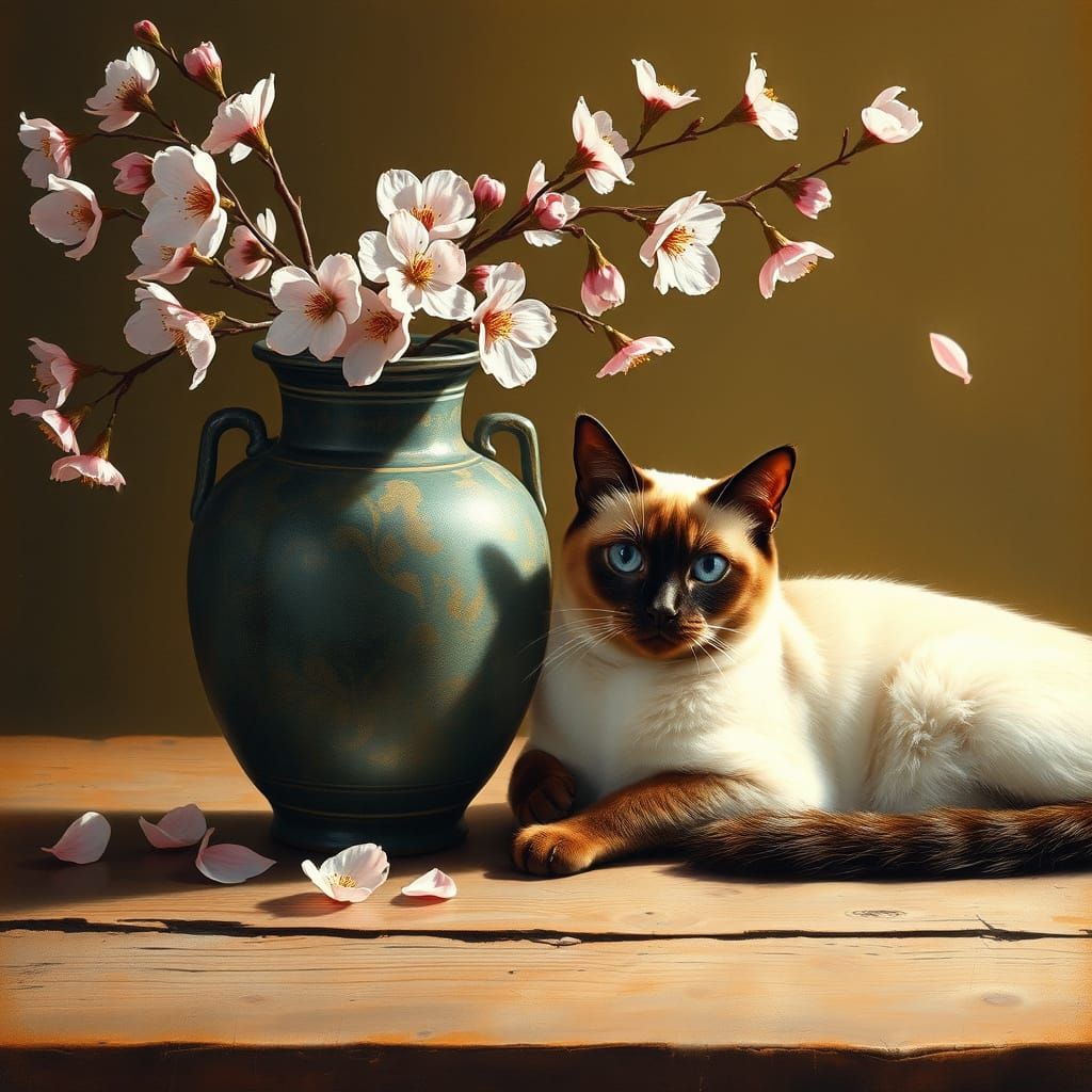 Siamese Cat with Cherry Blossoms in Renaissance Style