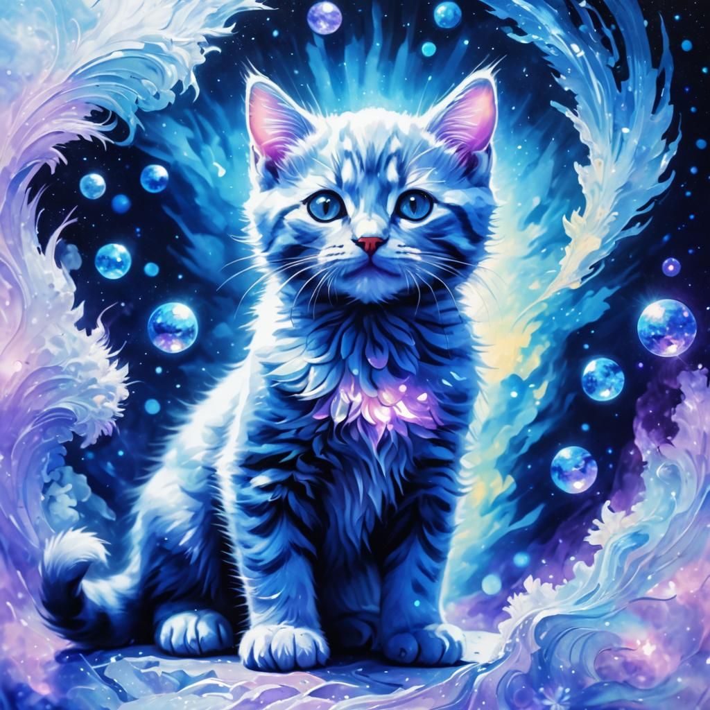 Kitten portrait in shades of blue, monochromatic art painted...