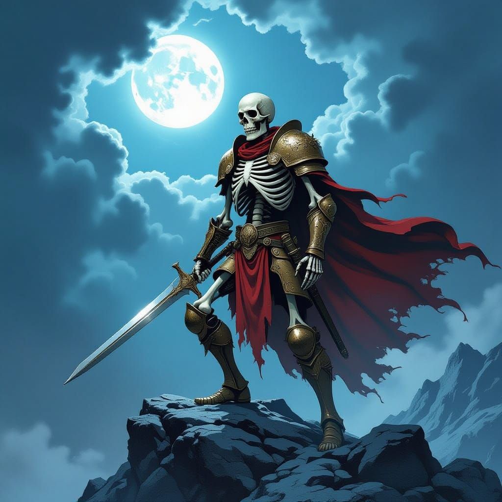 Skeleton Warrior on Mountain Peak Under Moonlit Storm