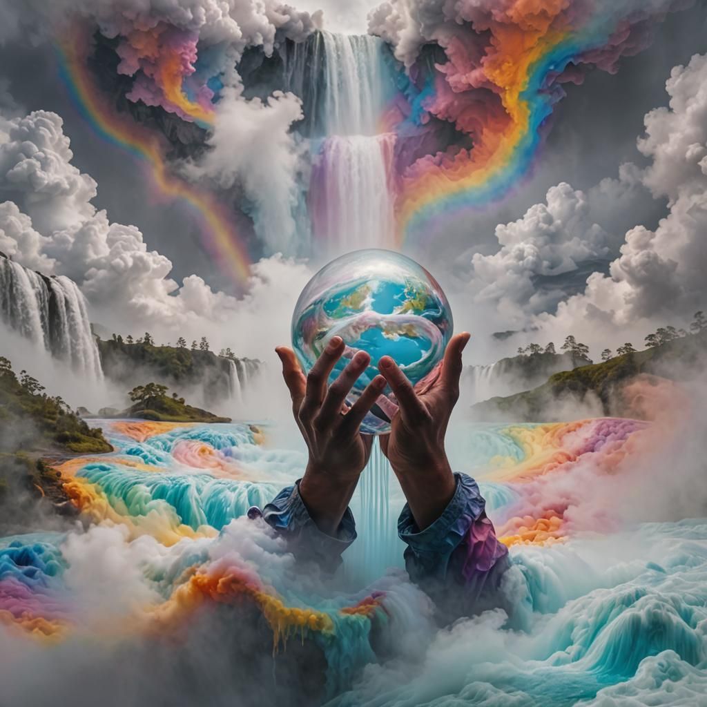 Surreal Hands Hold the World Above Colorful Lake