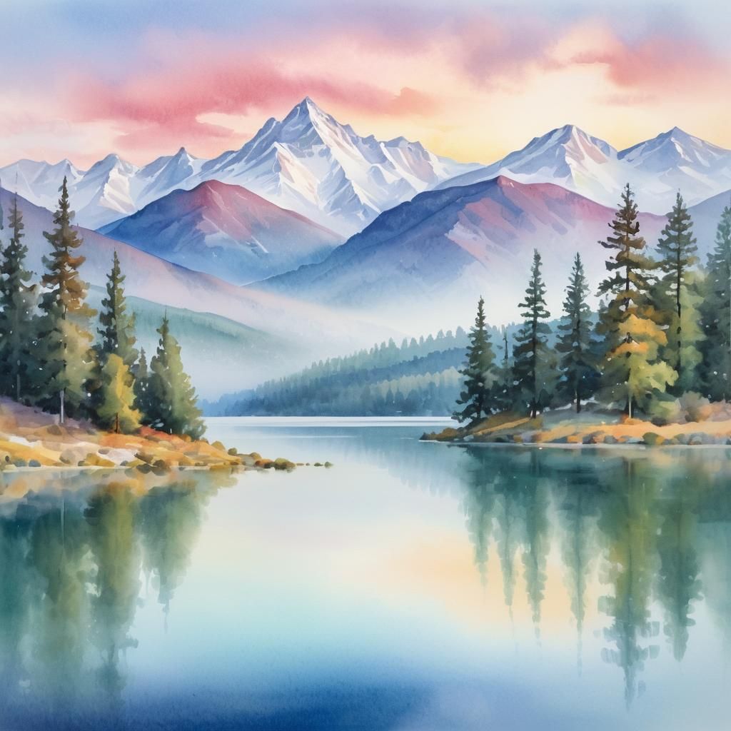 Serene Lake Landscape in Watercolor Style